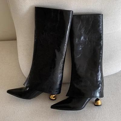 Plus Size Long Tube Boots Women'S Fashion Boots Pure Color Sharp Head Outdoor Wear Autumn Winter New Style Polyurethane Material