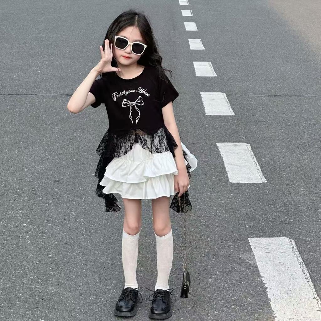 Girls Summer Short Sleeve Ruffle Dress Set with Bow Tie Trendy and Versatile