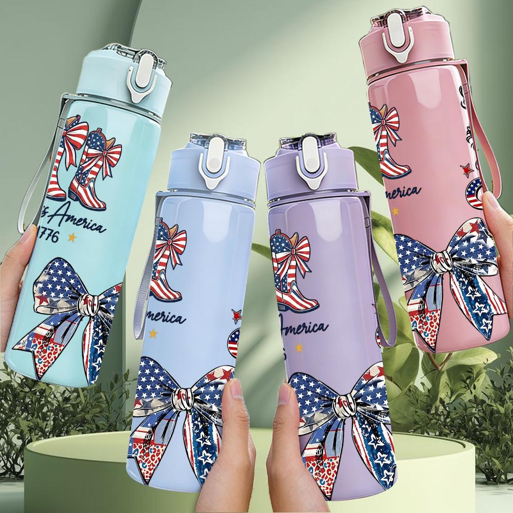 1PC American Flag Bow Girl Text 750ml Color Plastic Sports Water Bottle Leakproof Flip Straw Lid Suitable for Sports Office Home Use