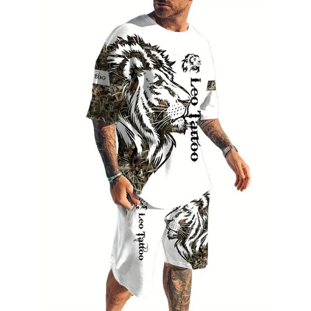 Men's New Animal Printed Breathable Round Neck T-shirt Shorts Set Outdoor Casual Two-piece Set