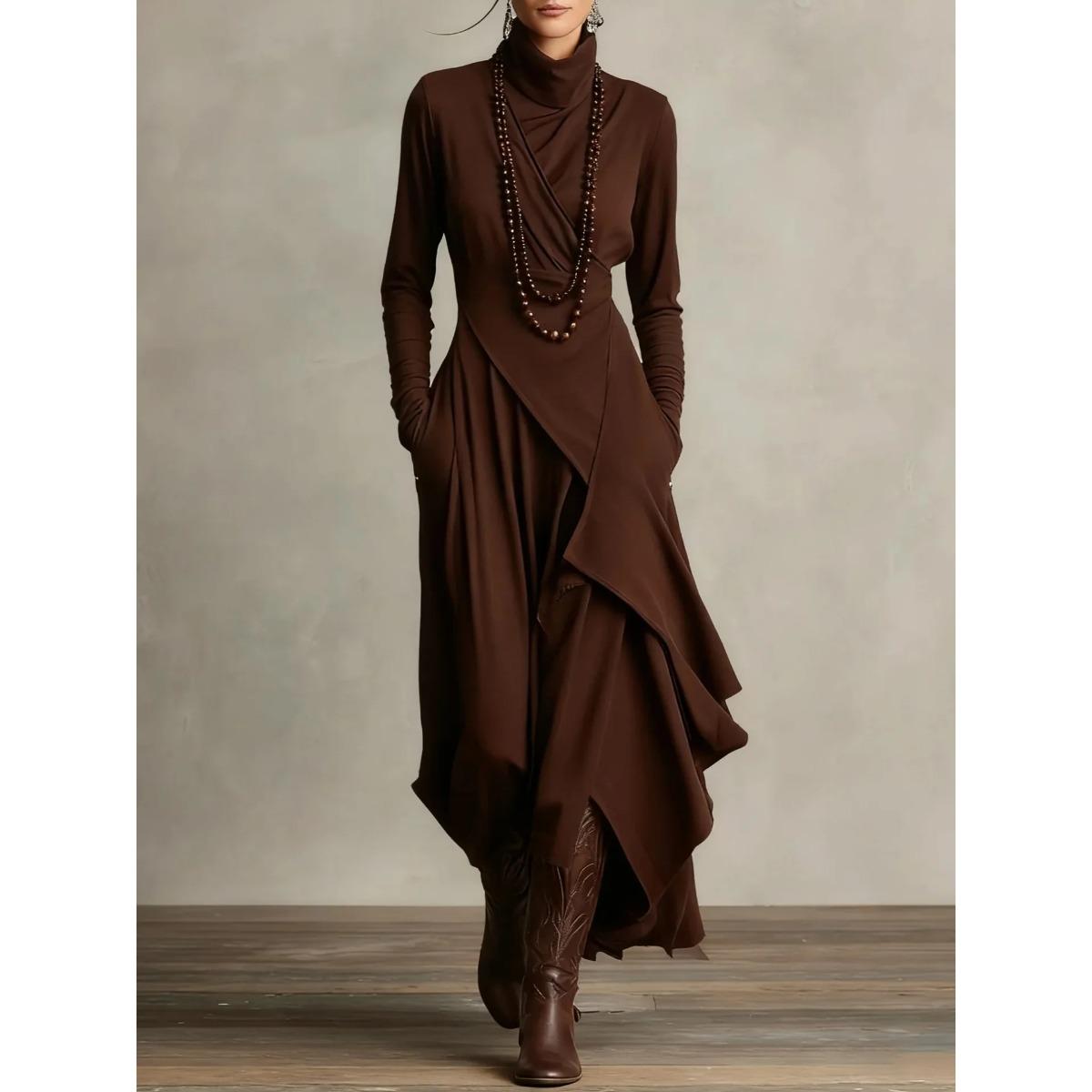 

Irregular Dress Solid Color Long Sleeve Spring Autumn Women s New Cross High Neck Long Dress Vestidos Para Mujer Ropa Mujer XXXL темно-коричневого кольору