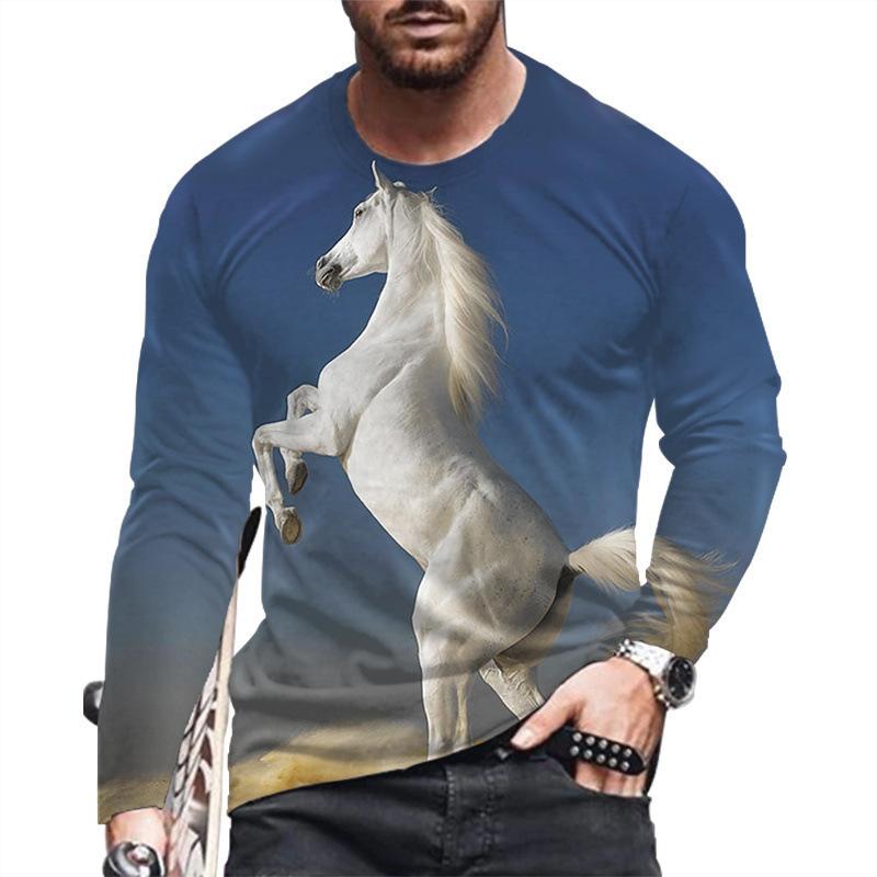 Spring and Autumn Round Neck Horse 3D Printed Top Fashionable Casual Long Sleeved Men's T-shirts