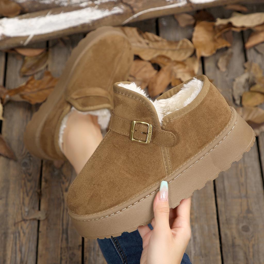 Fashion Comfort Thick Bottom Furry Snow Boots Women 2025 Winter Metal Buckle Chunky Platform Suede Ankle Boots Warm Plush Cotton Shoes