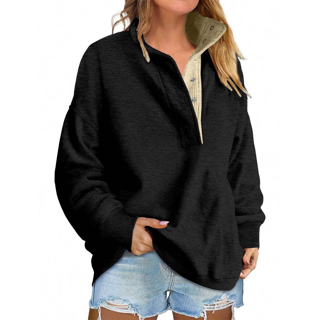 Women's Fashion Long Sleeve Solid Color Pullover Sweatshirt Casual Loose Button Sweatshirt