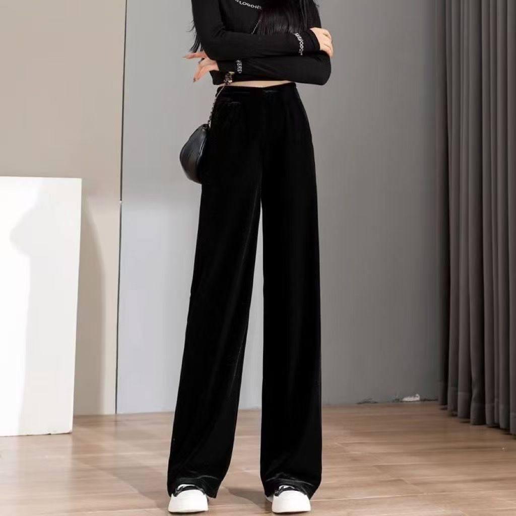 Women's Gold Velvet Wide-Leg Pants - Autumn/Winter 2025 High-Waisted, Plus Size, Elegant Drape Style