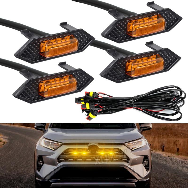 4pcs Amber LED Raptor Grille Front Lights Wiring Harness Kit Warning Signal Compatible For Toyota RAV4