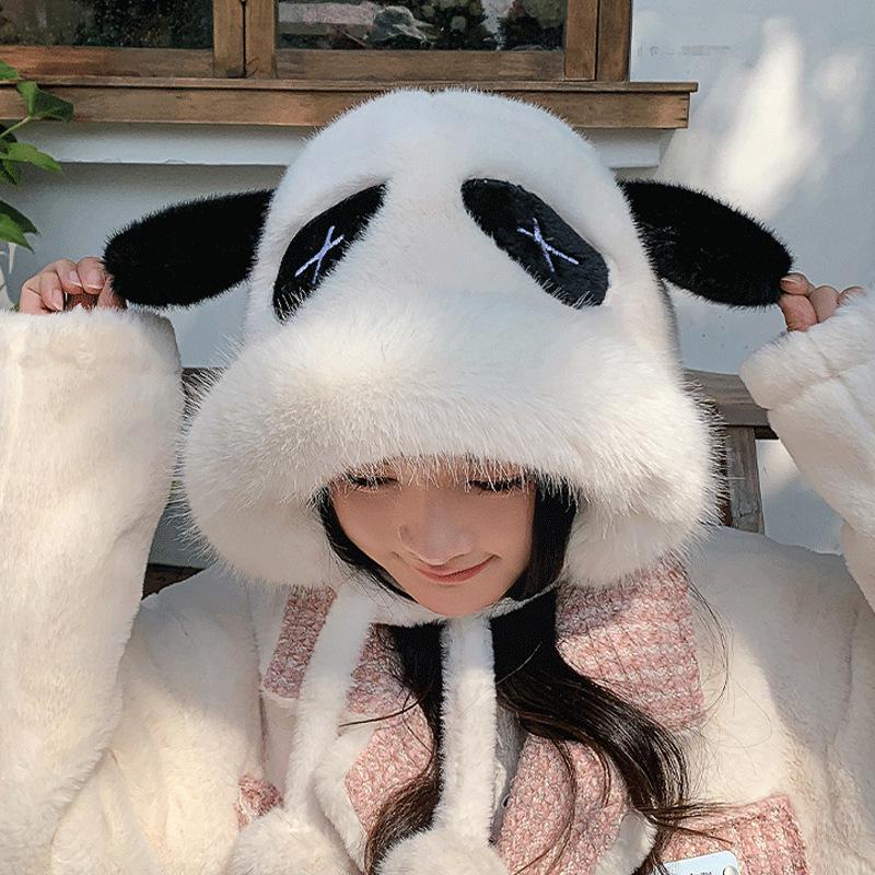 

Fluffy Panda Earflap Hat: Cute, Warm, Cartoon Design for Students & Girls One Size