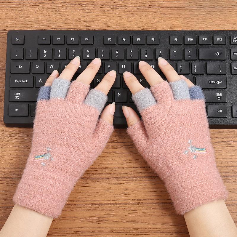Autumn and Winter Cold Proof Plush Knitted Gloves Imitation Mink Fur Cartoon Women Plus Velvet Warm Half Finger Gloves