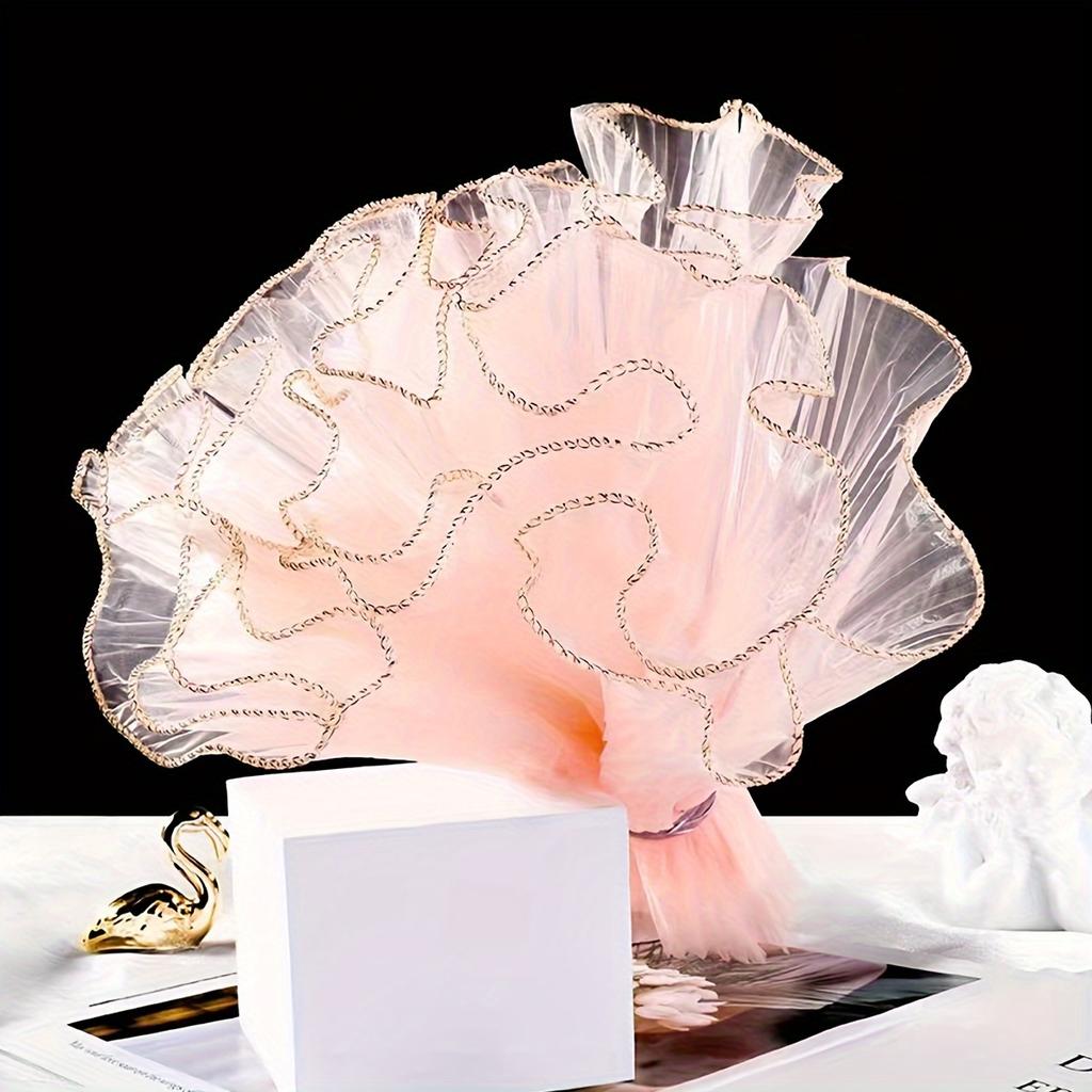 4 Yards Elegant White Wave Tulle Fabric, 28cm Wide for DIY Floral Cake Packaging with Golden Embellishments and Ruffled Edges, Bouquet Accessories