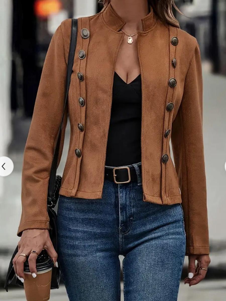 

Solid Color Double Row Metal Buckle Decorative Faux Fur Vintage Long Sleeve Coat S темно-коричневого
