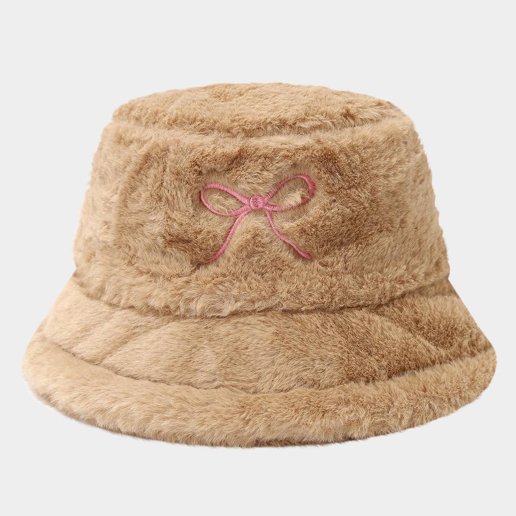 Women S Bow Embroidered Plush Bucket Hat Winter Outdoor Fashion Sun Hat