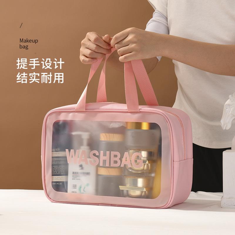 Handheld Large Capacity Travel Transparent Toiletry Bag Pu Waterproof Frosted Makeup Cosmetics Storage