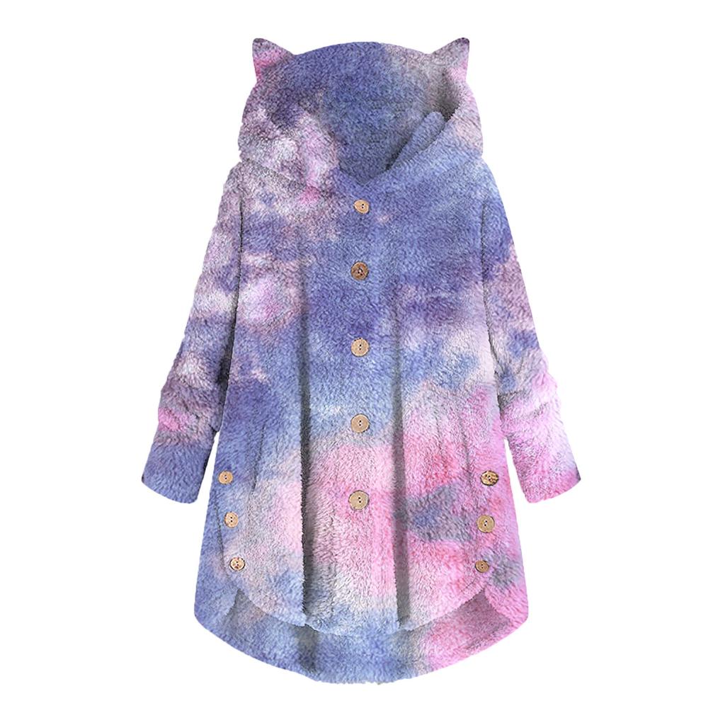 Women Fashion Plush Pocket Winter Tie-dyed Long Sleeve Keep Cat Ears Warm Coat