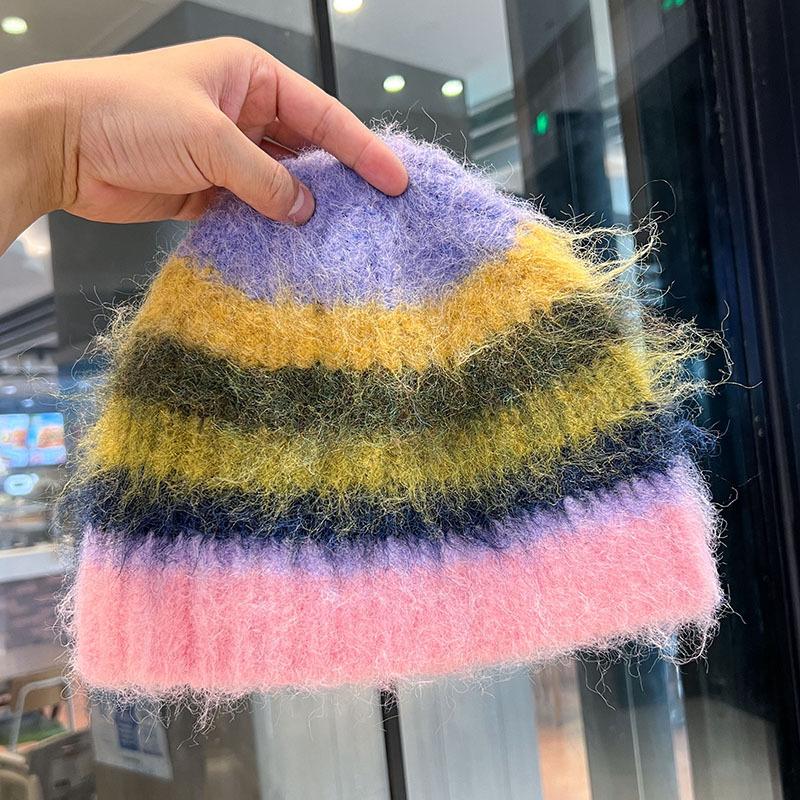 Neue Dopamin-Farbige Plüschmütze für Damen im Herbst und Winter Verdickte Warme Fischerhut Ohrenschutz Gestrickte Wollmütze