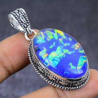 Natural Blue Triplet Opal Gemstone 925 Steling Silver Pendant 1.97" T7m05