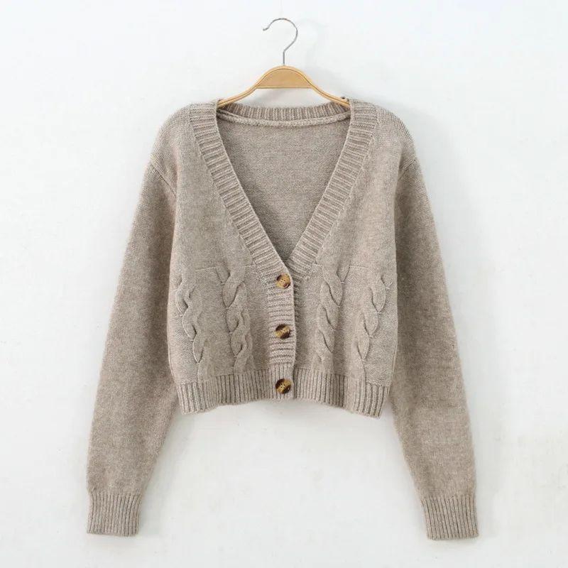 

Slim Fit V-neck Cardigan Solid Color Jacketv Collar Cardigan Pure Color Outwear APRICOT One size