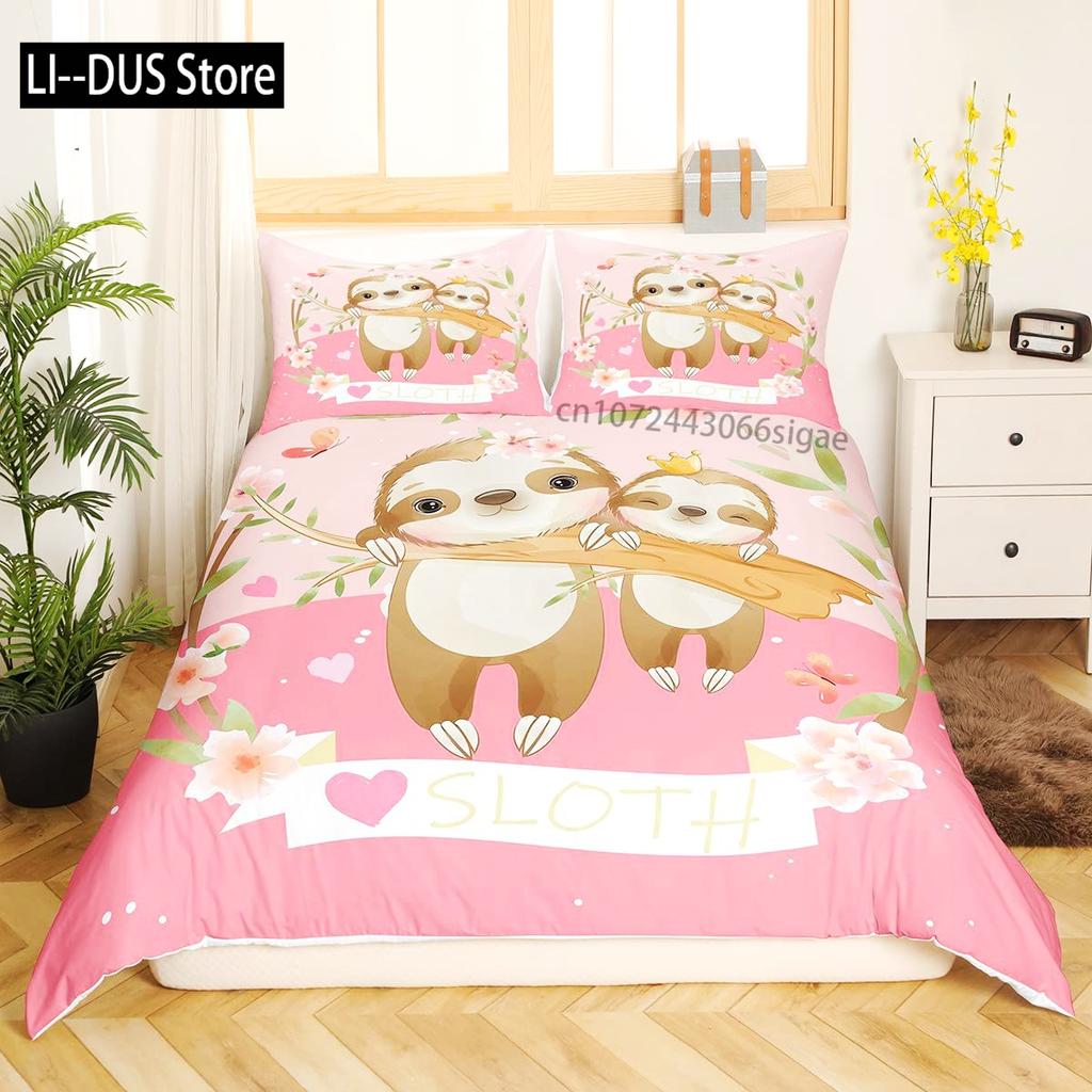 Sloth Duvet Cover Set Cartoon Character Sleeping on Branch Decorative 3 Piece Bedding Set with 2 Pillow Shams Queen Full Size