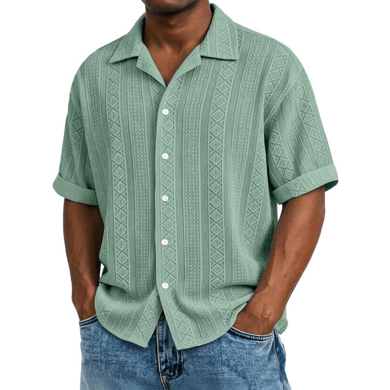 Mens Jacquard Short Sleeve Casual Loose Lapel Solid Vacation Beach Shirt