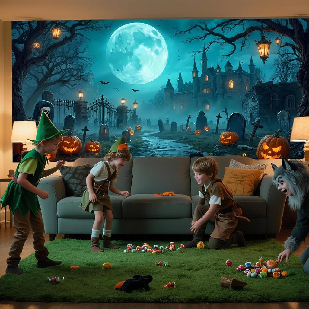 Halloween Garage Door Cover Banner, 16 X 7FT Large Hanging Backdrop Door Cover Horror Haunted Cemetery House Pumpkins Halloween Garage Wall