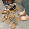 Flat bottom comfortable one word with cool slippers women's summer wear 2025 new Korean fashion metal buckle cover toe slippers