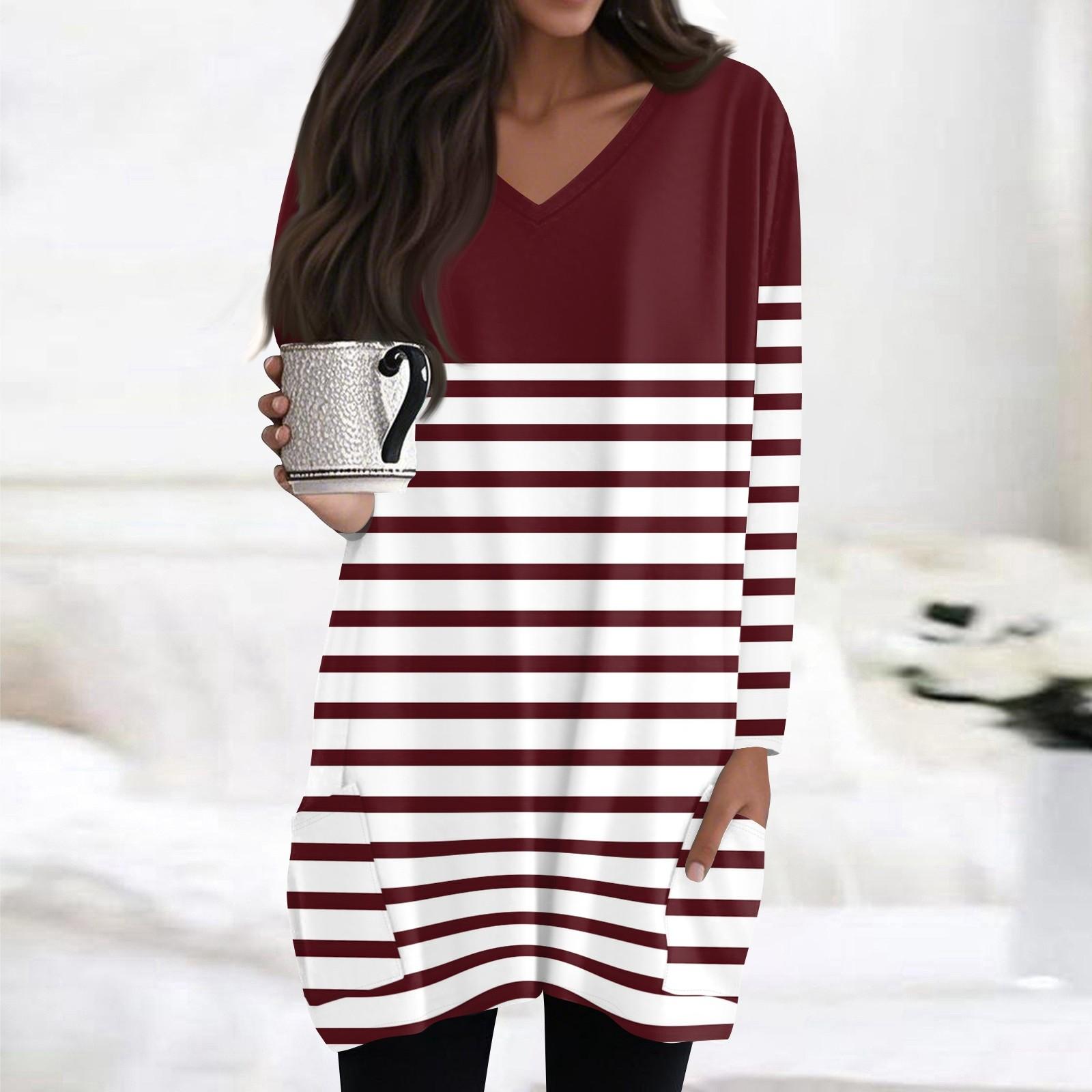 

Жіночі топи з V-подібним вирізом, блузки з довгим рукавом, повсякденні сорочки середньої довжини, модні туніки з принтом та кишенями XL винний