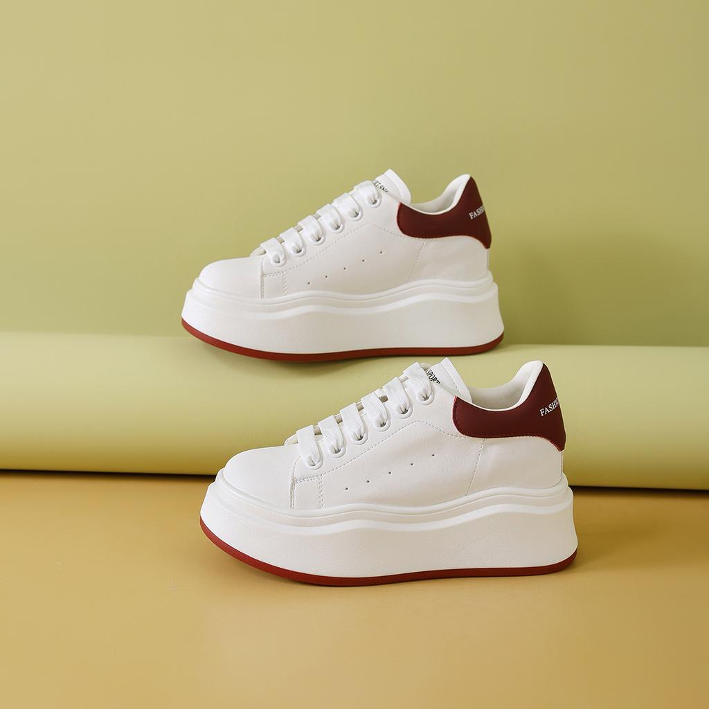 Thick-soled Inner Height-increasing Board Shoes Women's Spring New Leather Wavy-soled White Shoes Muffin Sports and Leisure Shoes
