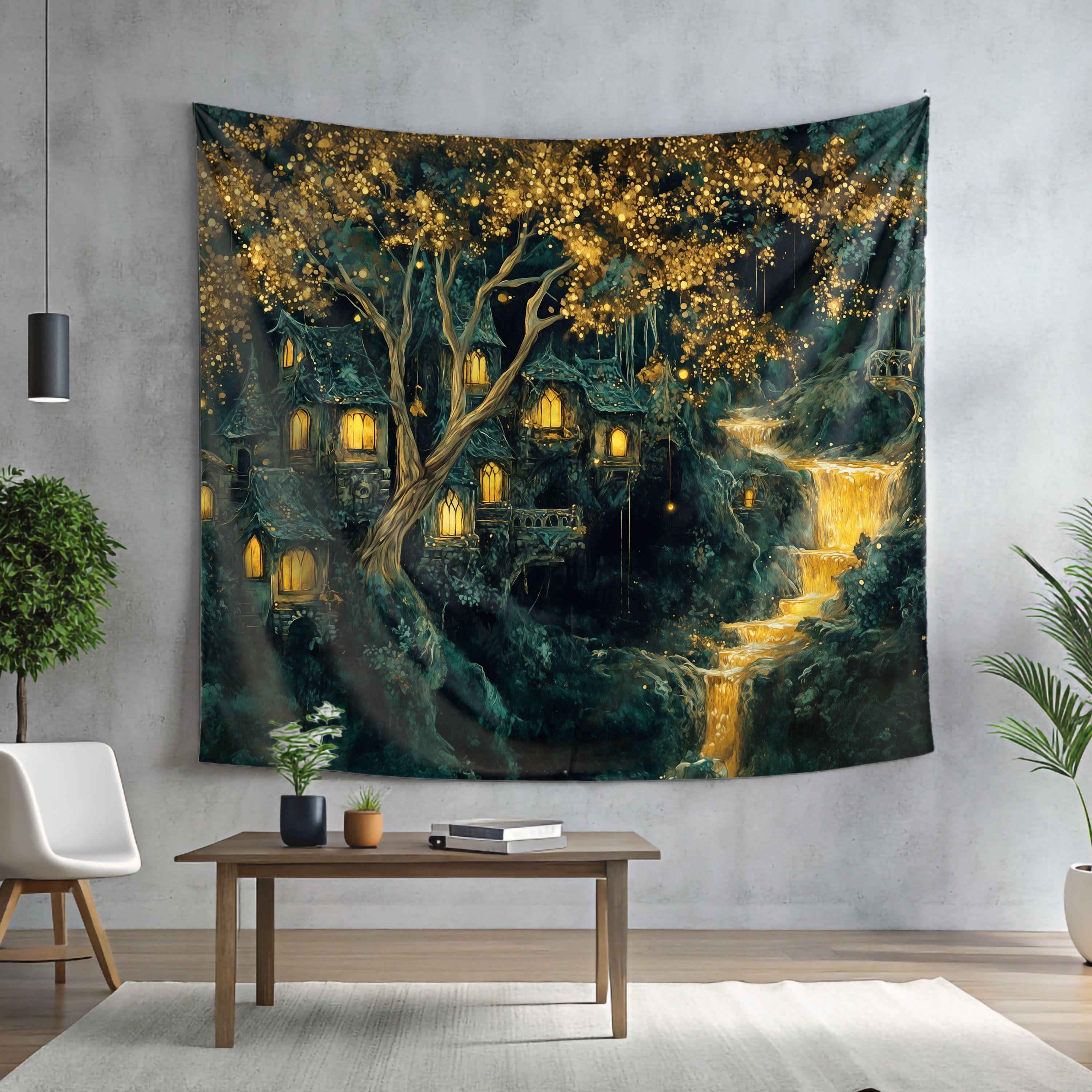 Forest Magic Elf Tree House Tapestry Forest Background Cloth Living Room Fantasy Style Atmosphere Room Decoration 100X70CM