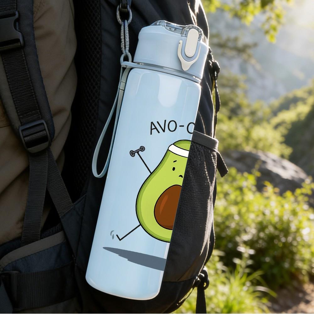 1PC Fitness Avocado Cartoon Print 750ml Color Plastic Sports Water Bottle Leakproof Flip Straw Lid Suitable for Sports Office Home Use