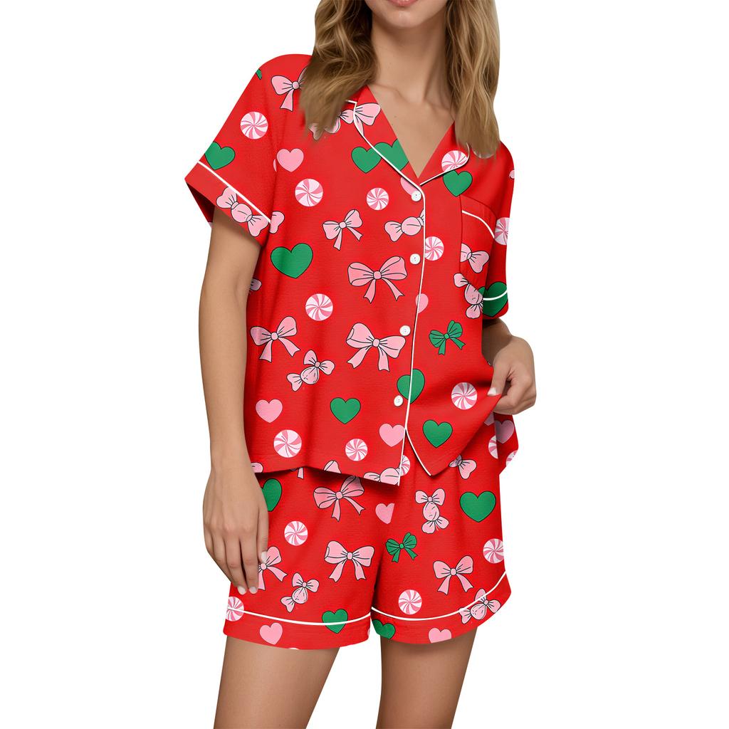 Damen Casual Mode Weihnachts-Print Kurzärmeliges Hausanzug-Set mit Knopfleiste, Kurzarm-T-Shirt und Shorts
