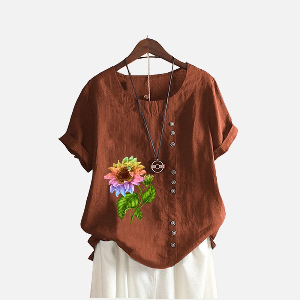 Women Fashion Floral Print T-shirt Summer&fall Casual O Neck Short Sleeve Top Pullover Loose Cotton Linen Blouses