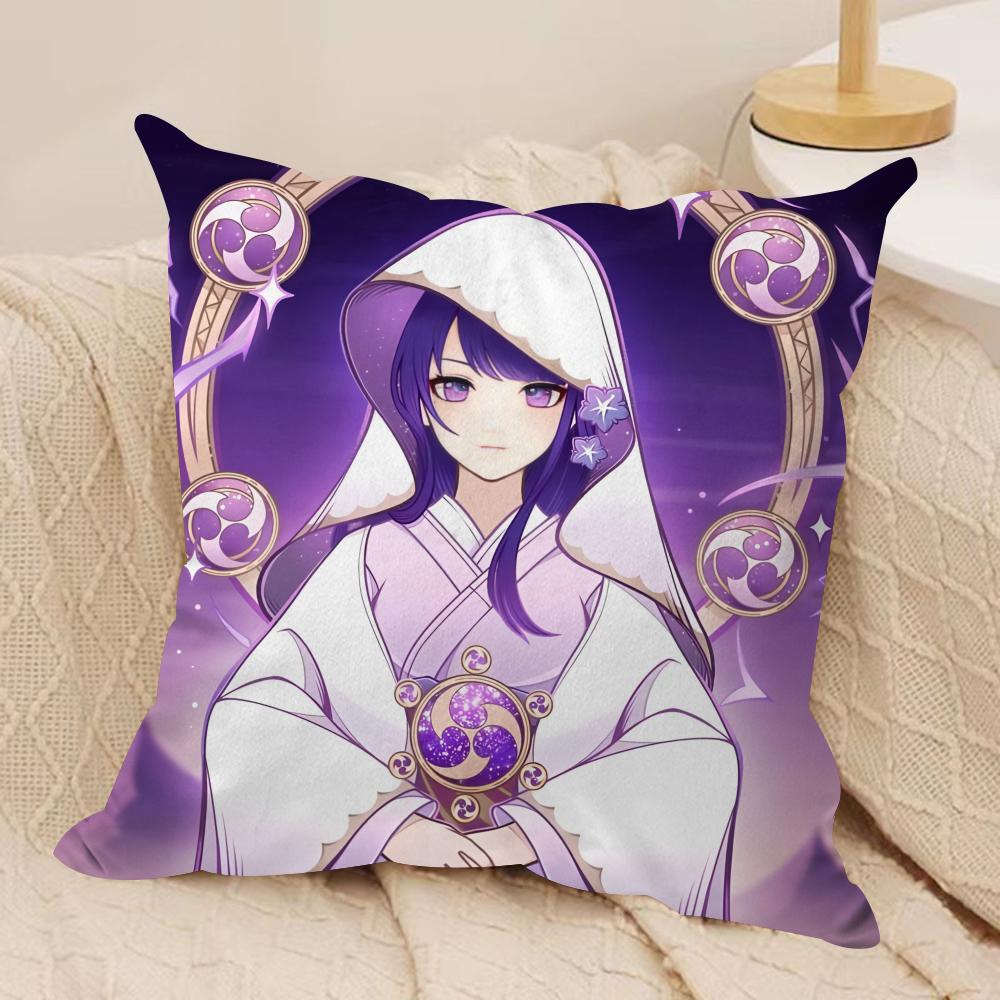 Raiden Shogun Genshin Impact Cushion Cover Silky Short Plush Invisible Zipper Dustproof Sofa Pillow Case For Home Decor