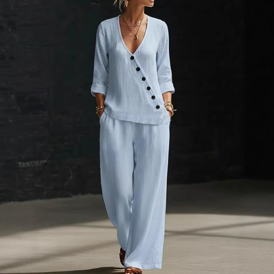 Women's Summer 2 Piece Sets Casual Half Sleeve V Neck Buttons Top And Wide Leg Pants Lounge Outfits with