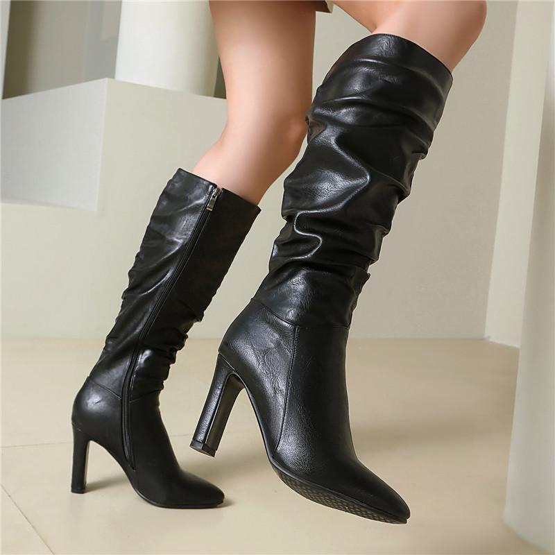 Women's High-heeled Boots Autumn and Winter New Simple Temperament Solid Color Large Size Versatile Medium Boots
