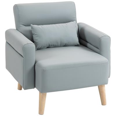 Armchair Upholstered In Synthetic Leather Backrest with Stitching and Wooden Legs for Living Room or Bedroom 77x78x78 Cm Gray