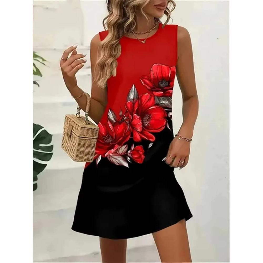 Women's Summer Sleeveless Floral Print Dress Casual Pocketless Plus Size Fashionable Loose Breathable Dress