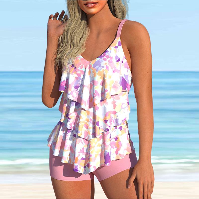 Costum de baie cu bretele de umăr pentru femei, bikini cu imprimeu de floarea soarelui