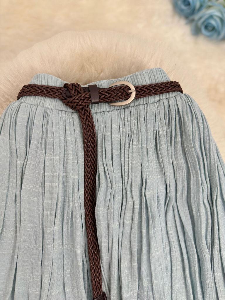 European & American A-line Pleated Cotton Linen Skirt with Elastic Waist - Mid-Length, Versatile, Women's