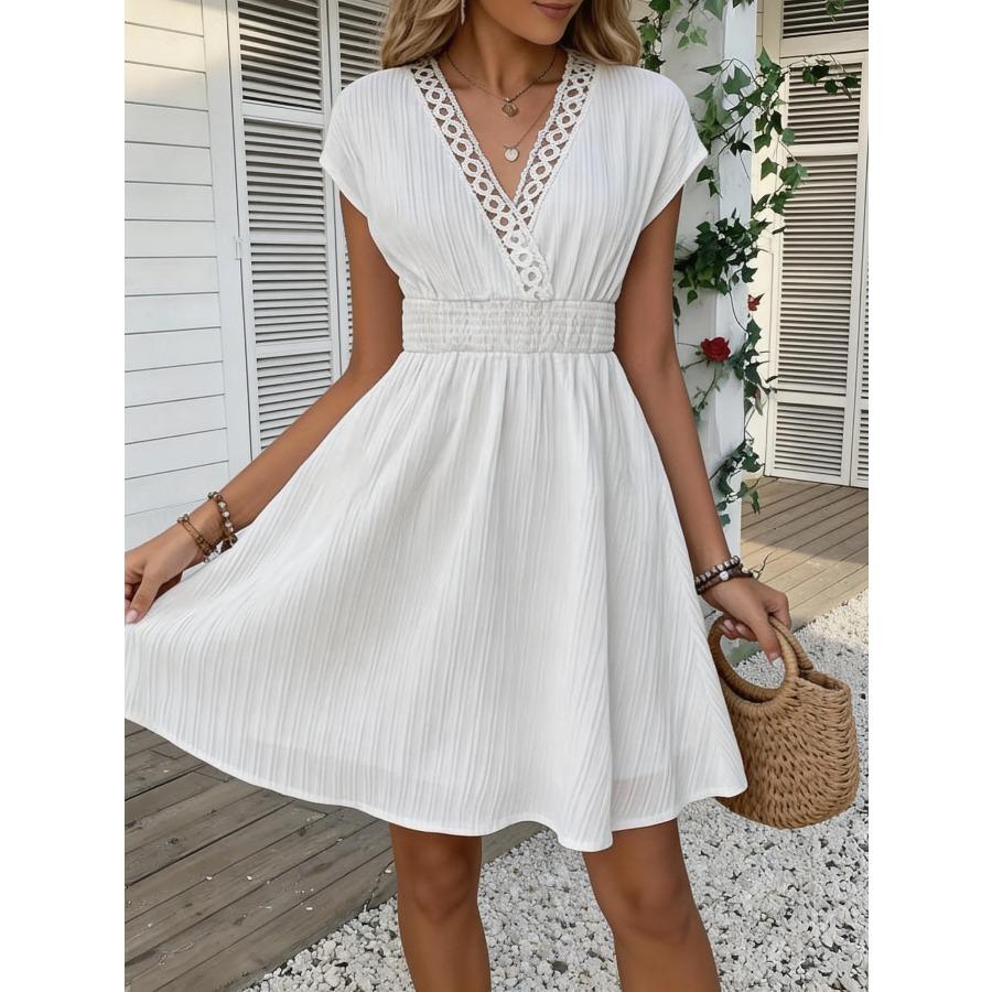 French Lace V-neck Fitted Dress with Waistline and Short Puff Sleeves. Striped Texture Short Skirt with Vertical Lines. Beach-st S