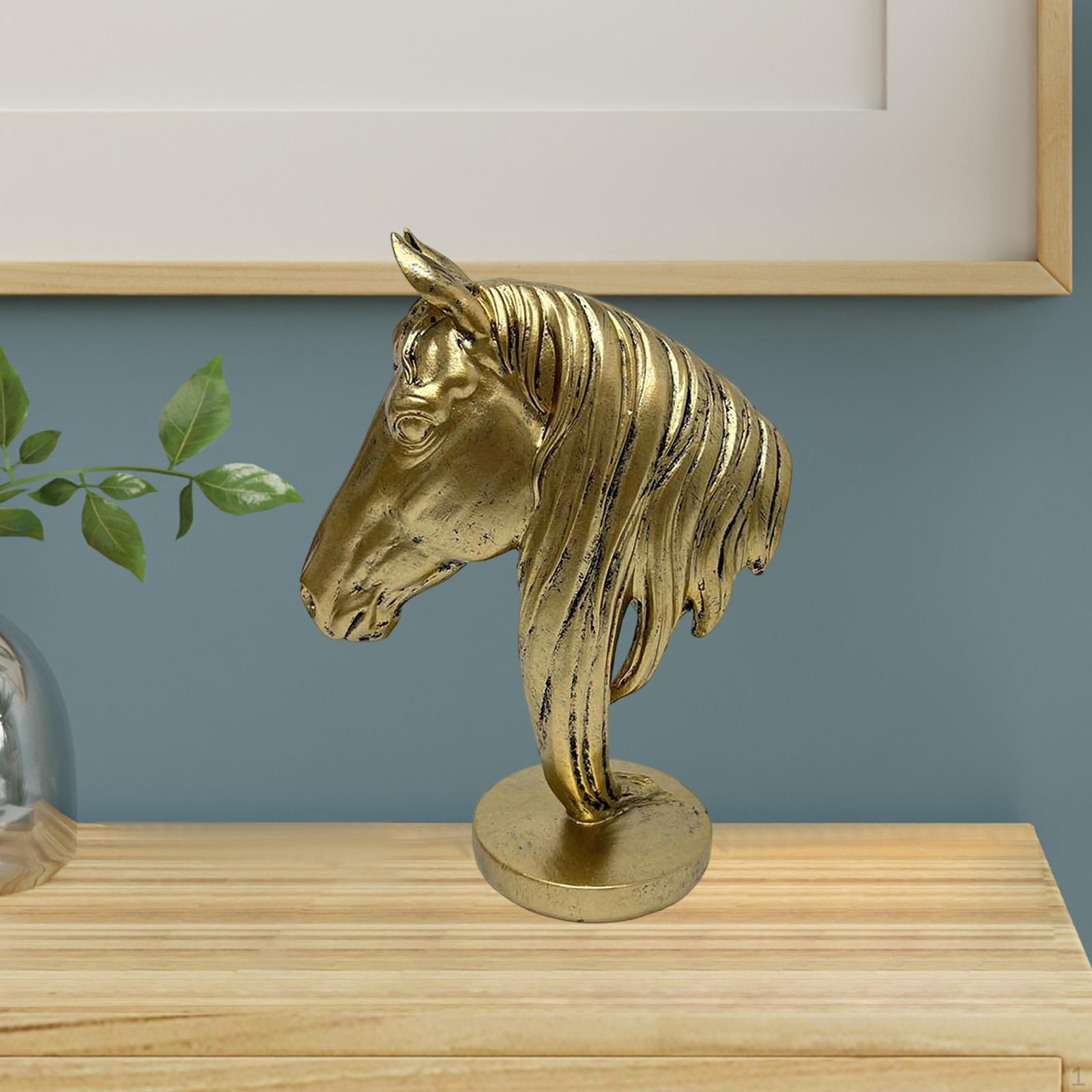 Horse Head Statue Animal Sculpture Artwork Desktop Art Figurine Fengshui Ornament for Holiday Party Gold 15.6x8.5x21.3cm