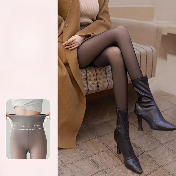 Autumn Winter Women's Fake Sheer Flesh Thickened See-Through Fleece Lined High Waist Black Pantyhose with Letter Print Bare Leg Effect
