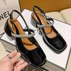 2025 New One-word Diamond Belt Rear Empty Square Head Light Mouth Low Heel Thick Heel High Heels Bag Head Mary Jane Sandals Women