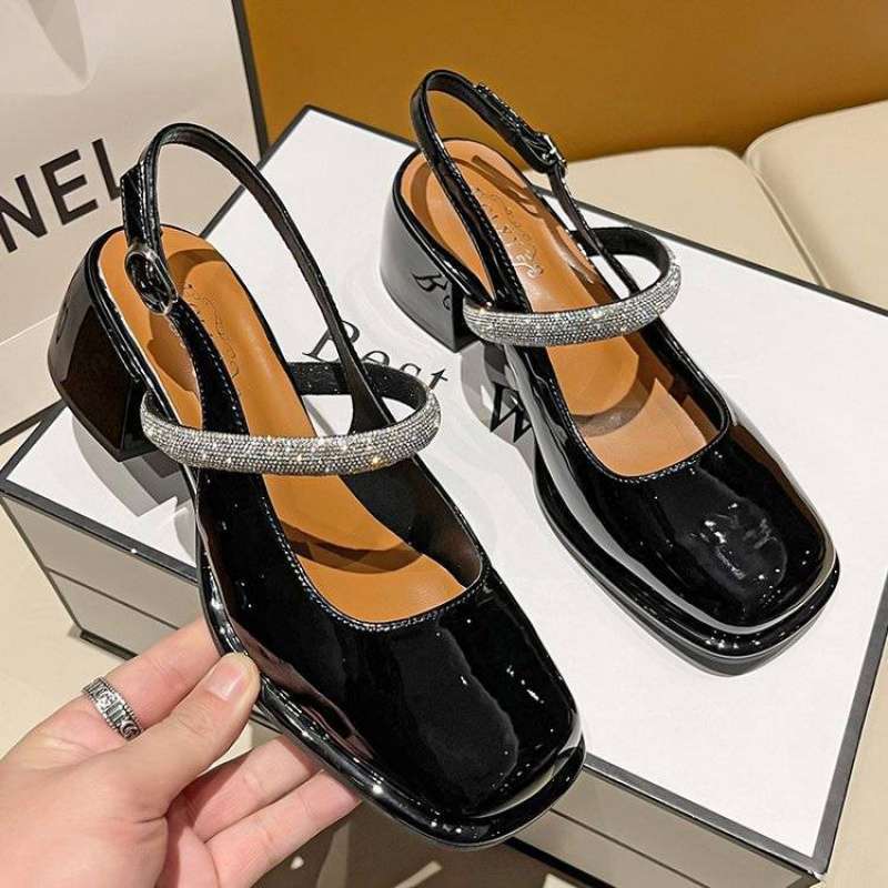 2025 New One-word Diamond Belt Rear Empty Square Head Light Mouth Low Heel Thick Heel High Heels Bag Head Mary Jane Sandals Women