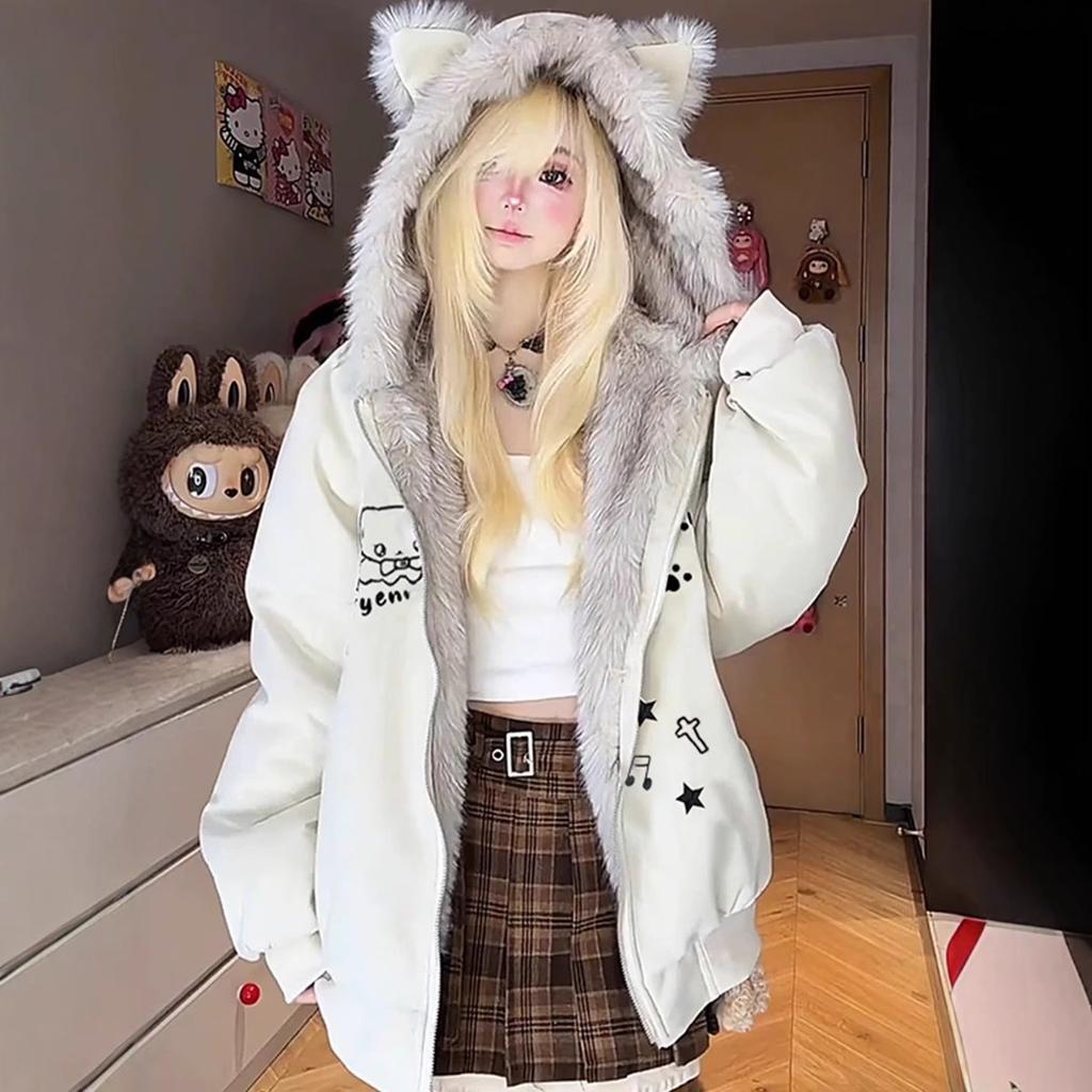 American Retro Cute Plush Ears Fur Collar Cotton Clothes Women's Autumn and Winter Loose Thickened Warm Hooded Cotton Coat
