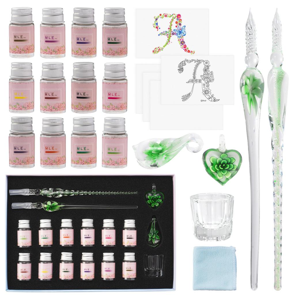 Стеклянный погружной флакон с 2 чернилами 12 цветов по раскраске 3 открытки стеклянная ручка чернильный перьевой набор для рисования [iMLEi] ручка, ручки, набор, [Рекомендуемые иллюстраторы] Модель,