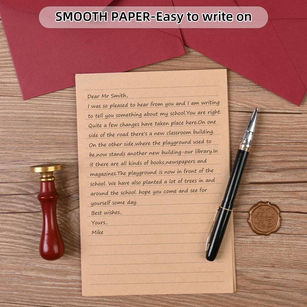 48 Pieces Stationery Set with Envelopes (24 Kraft Paper Sheets + 12 Linen Texture Envelopes+12 Wax Seal Stickers), Stationery Letter Writing Paper