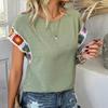 Ladies Summer Ruffles Short Sleeve O Neck Color Block Jacquard Pullover T Shirt Top