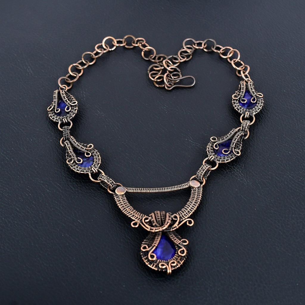Blue Sapphire Necklace, Handmade Gemstone Necklace, 999 Copper Wire Wrapped Necklace Antique Jewelry, For Engagement Gift