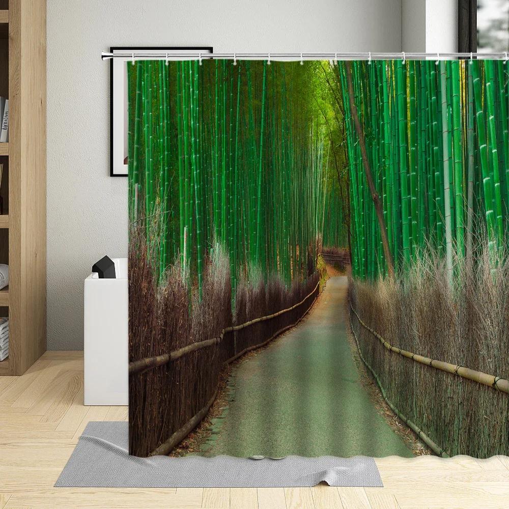 

Bamboo Shower Curtain Bathroom Home Decor Green Plants Landscape Bath Curtains With Hooks Polyester Waterproof Fabric Washable 90x180cm-35x70in