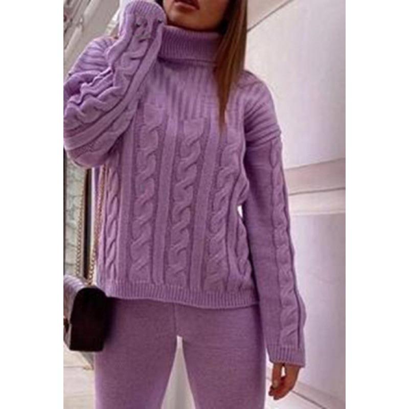 

2023 Women s Knitted Cable Knit Two-Piece High Neck Sweater Set One Size фіолетовий