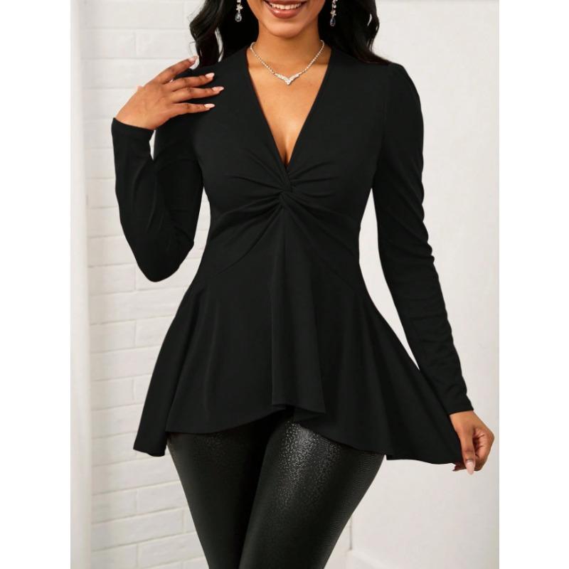 T-shirt da donna S con scollo a V, torsione, tinta unita, manica lunga, top casual